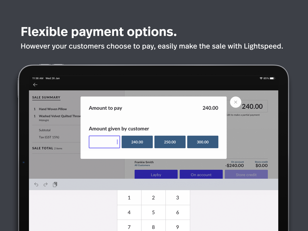 Lightspeed Retail POS iPad app interface displaying flexible payment options and transaction details