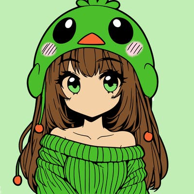 anime girl with chick shaped hat with sweater with bare shoulders with bangs covering them one eye with low tail