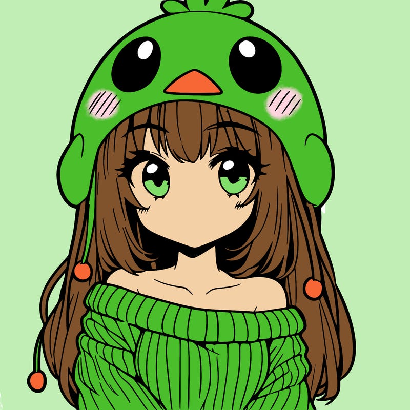 anime girl with chick shaped hat with sweater with bare shoulders with bangs covering them one eye with low tail