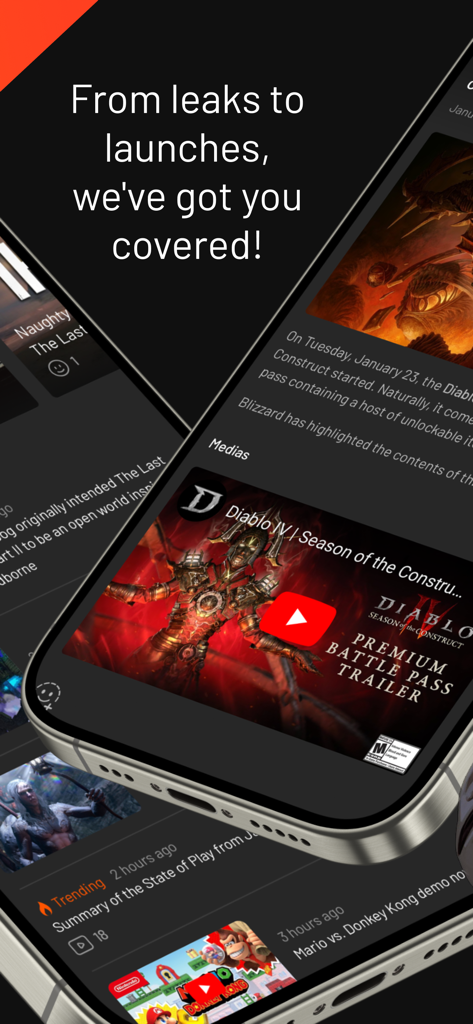Instant Gaming News - Smartphone displaying the Instant Gaming News app interface with game trailers and news updates on a dark background