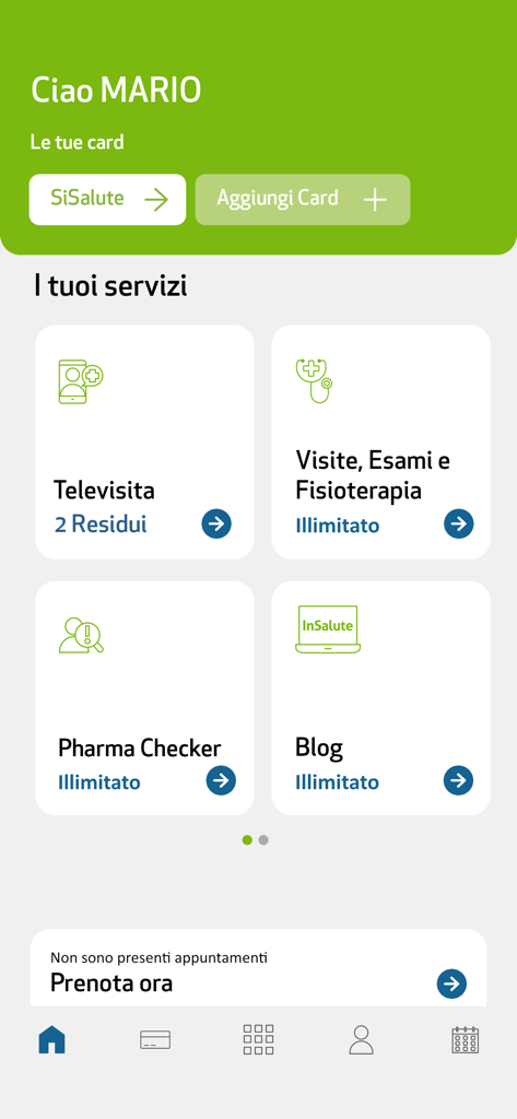 SiSalute Up - Schermata principale dell'app mobile SiSalute Up che mostra il dashboard dei servizi sanitari