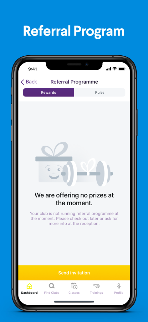 Planet Fitness AU - Pantalla del programa de referidos de la aplicación Planet Fitness AU con recompensas y opciones de invitación
