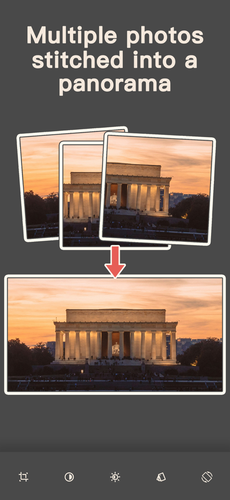A demonstration showing three separate photos of the Lincoln Memorial being merged into a single wide panorama