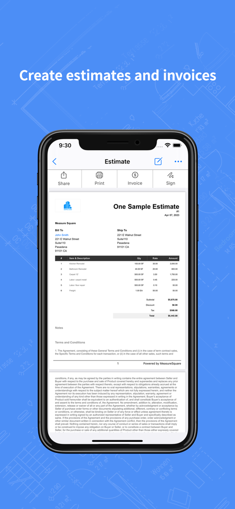 A professional estimation and invoicing screen within the RenoPlan app showing remodel project costs