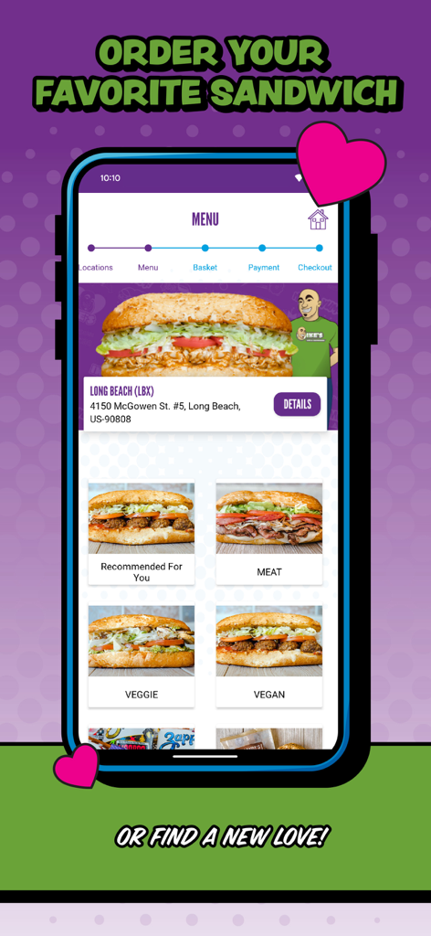 Ike's Love Rewards - Ike's Love Rewards app interface showing the sandwich menu with meat veggie and vegan options
