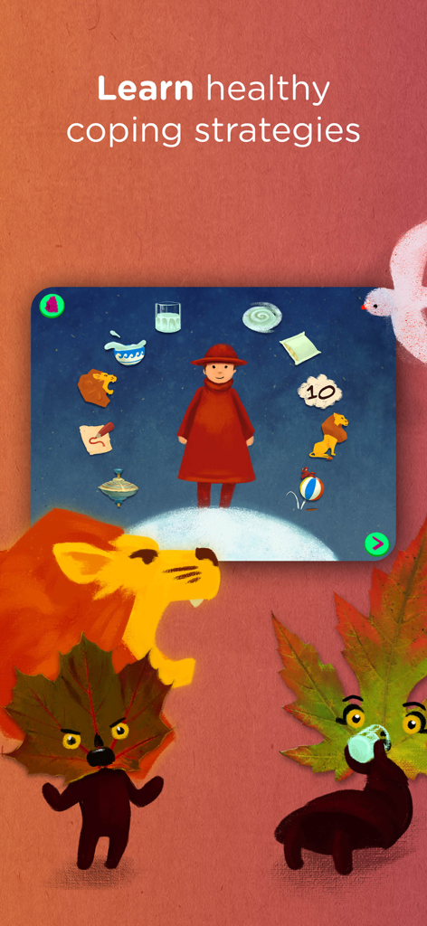 Wisdom character surrounded by icons representing healthy coping strategies for kids