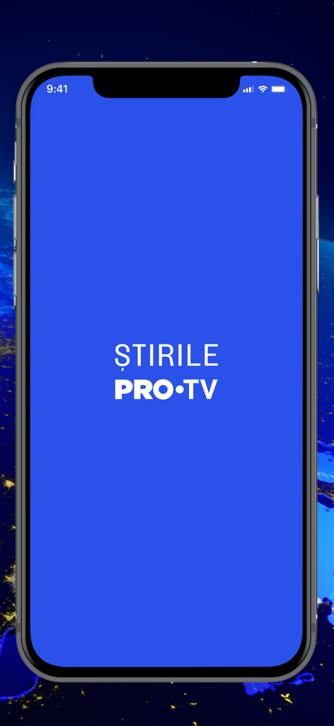 Stirile ProTV - The splash screen of the Stirile ProTV news app featuring the white logo on a solid blue background within an iPhone frame.