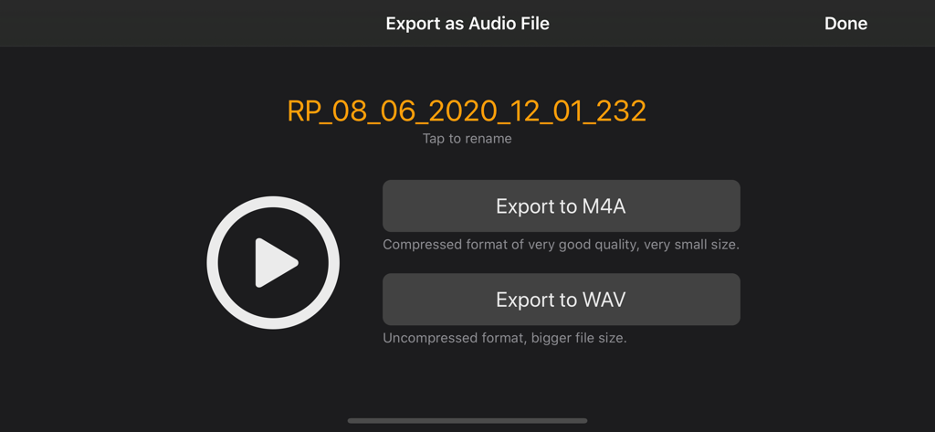 Rhythm Pad Pro export screen with options for M4A and WAV audio file formats.