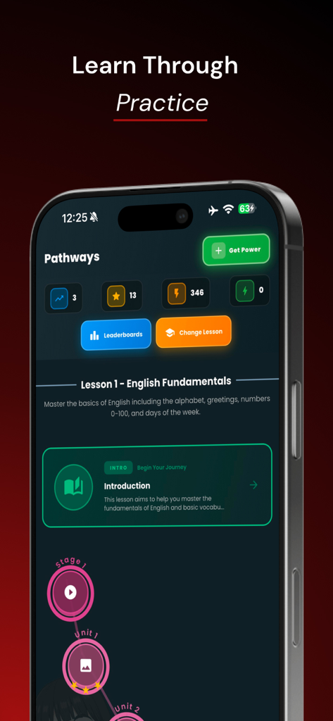 Aprender Inglés in 30 days - La pantalla de rutas de la aplicación Aprender Inglés que muestra lecciones de fundamentos de inglés.