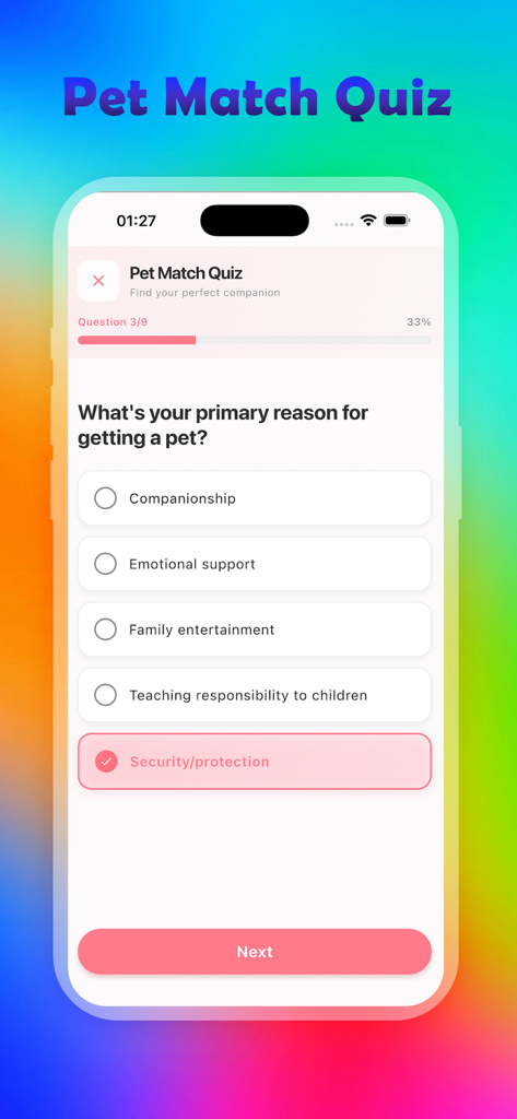 Leno：share happy life - Una captura de pantalla móvil de la aplicación Leno que muestra una pregunta del Quiz de Coincidencia de Mascotas sobre la razón principal para tener una mascota con opciones de respuesta múltiple.