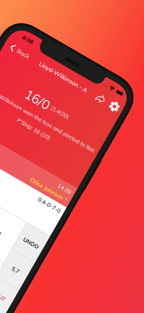 CrickPro - Cricket Scoring App - Mobile screen of CrickPro app showing a live cricket match score and player details
