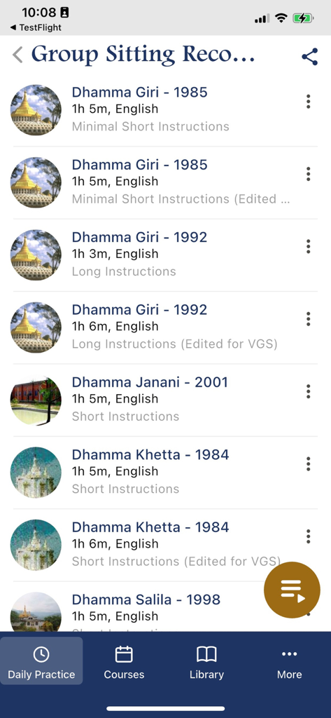 Dhamma.org - Screenshot of the Dhamma.org app showing a list of group sitting meditation recordings.