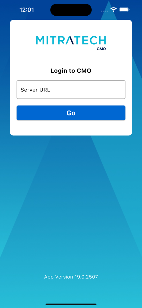 Login screen for the CMO Compliance V19 app by Mitratech featuring a server URL input field and Go button