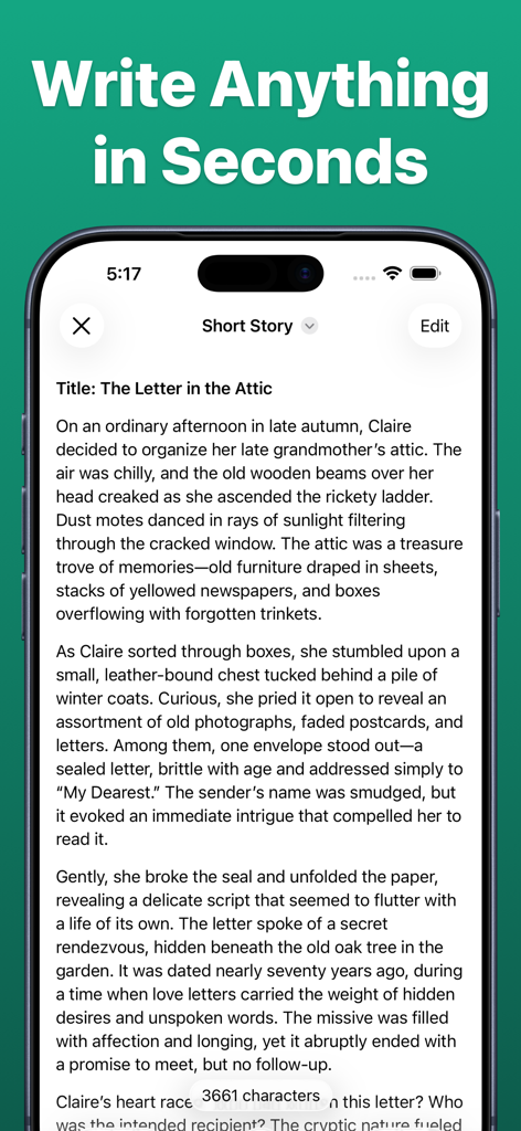 A smartphone screen showing the AI Essay Writer app PaperMate generating a short story titled The Letter in the Attic.