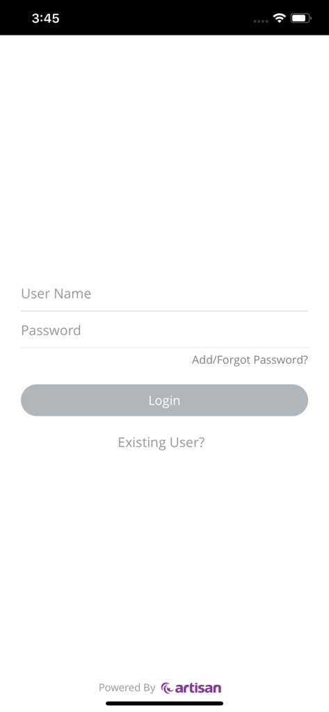 Artisan Ally - Login screen of the Artisan Ally patient portal app featuring username and password fields