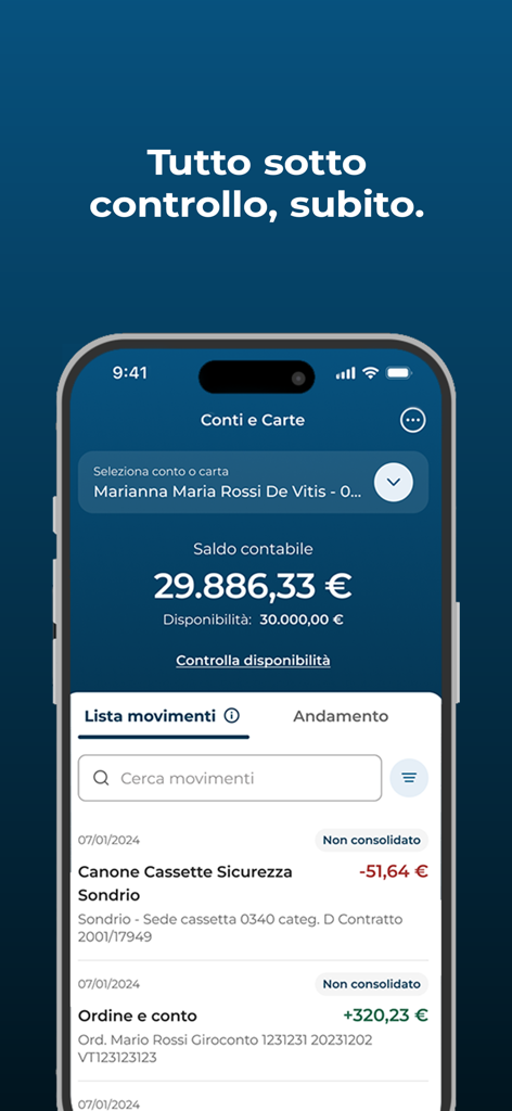 Interface of the SCRIGNObps mobile banking app showing account balance and transaction history