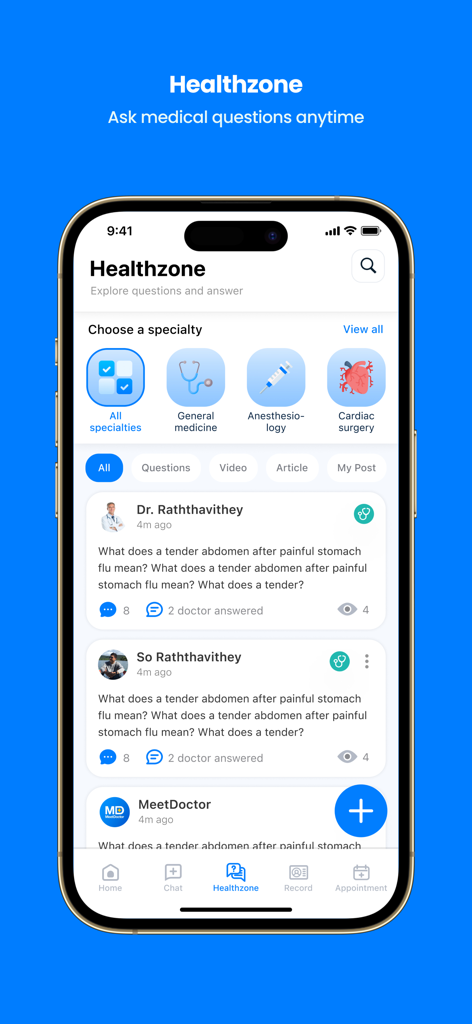 MeetDoctor - Interface of the MeetDoctor Healthzone feature for asking medical questions across various specialties