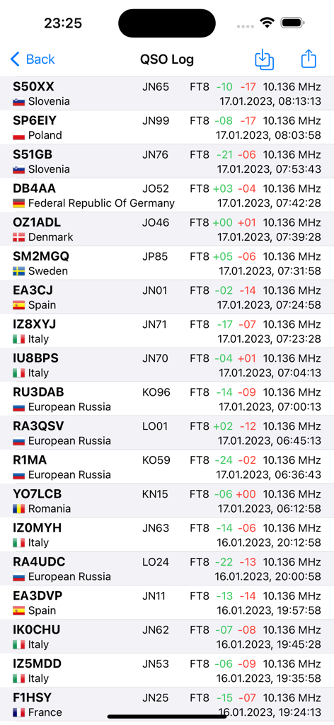 iFTx - List of amateur radio contacts in the iFTx QSO log screen showing callsigns and signal data