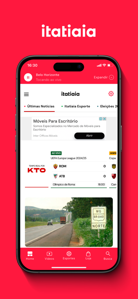 Rádio Itatiaia - Radio Itatiaia mobile app interface showing news tabs, live soccer scores, and a radio player.