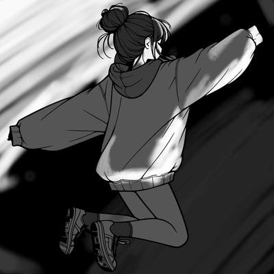 realistic girl jumping with a bun and oversized sweatshirt