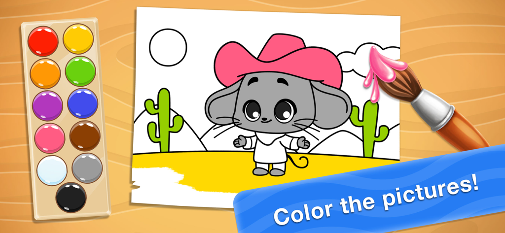 Games for learning colors 2 &4 - Página de colorear digital para niños que muestra un lindo personaje de ratón en un desierto con una paleta de pintor y un pincel