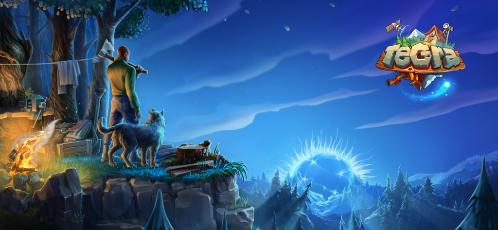 TEGRA: Zombie survival island - Un superviviente con un hacha y un compañero lobo contemplando un misterioso portal brillante en un bosque por la noche