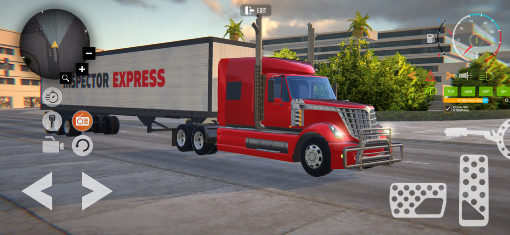 American Truck Car Driving Sim - Un semirremolque rojo con un remolque blanco etiquetado Inspector Express en un juego de simulación de conducción de camiones móviles con controles en pantalla.