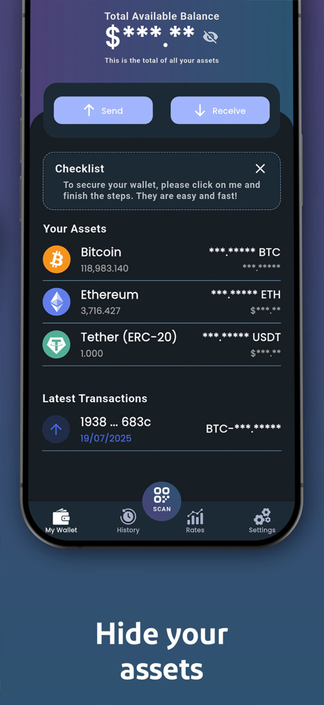 Bitcoin Wallet : BTC & Crypto - CryptoKeeper app interface displaying the hidden assets feature with masked cryptocurrency balances.