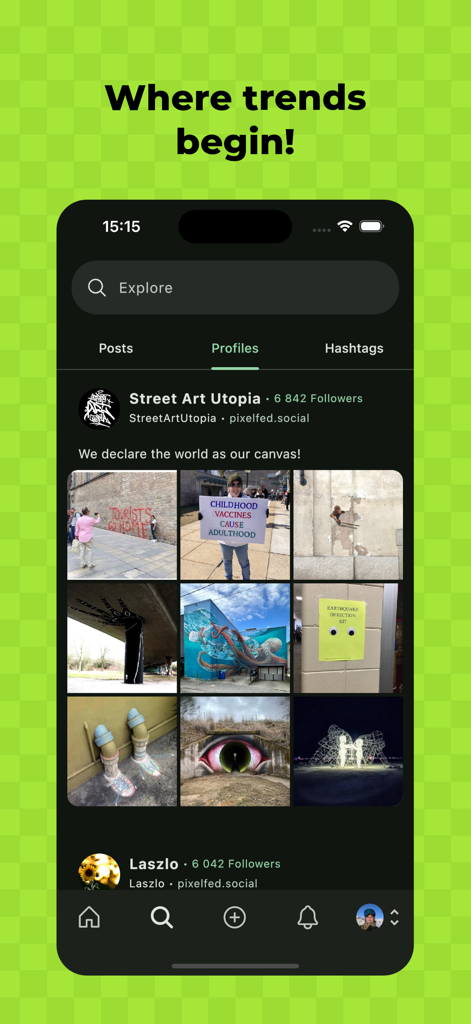 Pixelix - A Pixelfed Client - The Pixelix app explore screen showing the Street Art Utopia profile and a grid of artistic photos.