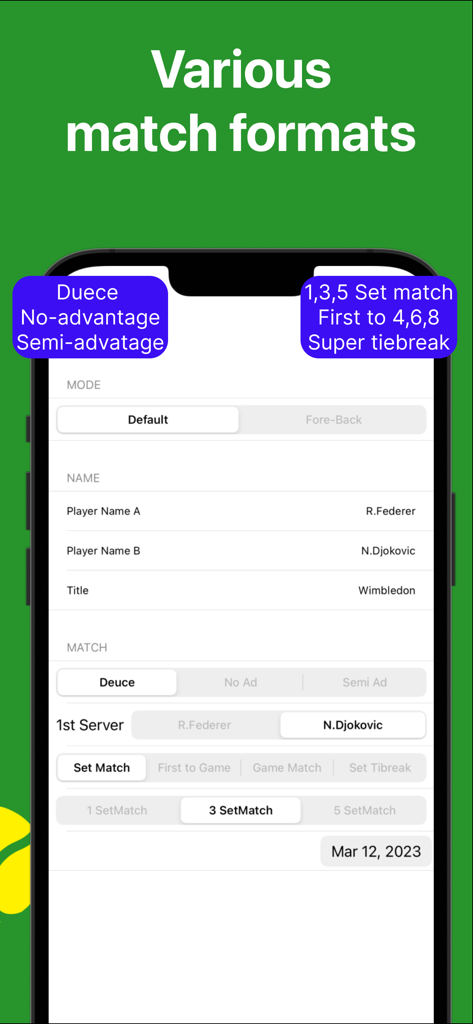 試合フォーマットとプレイヤー情報を構成するためのテニススコアキーパーアプリ画面