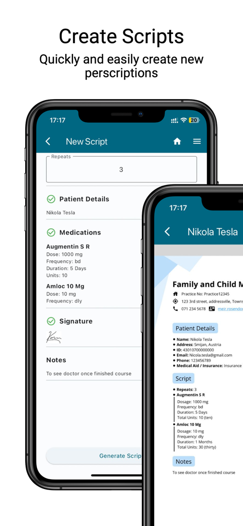 Scripts Assistant - Mobile interface of the Scripts Assistant app showing the creation of a digital medical prescription with patient and medication details