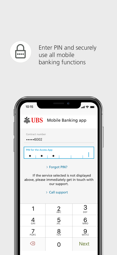 UBS Access – secure login - Écran de connexion de l'application UBS Access pour saisir un code PIN sécurisé afin d'accéder au mobile banking