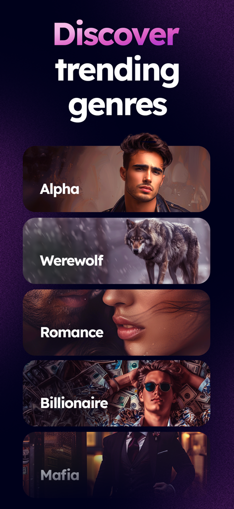 App screen showcasing popular romance genres like Alpha, Werewolf, and Billionaire.