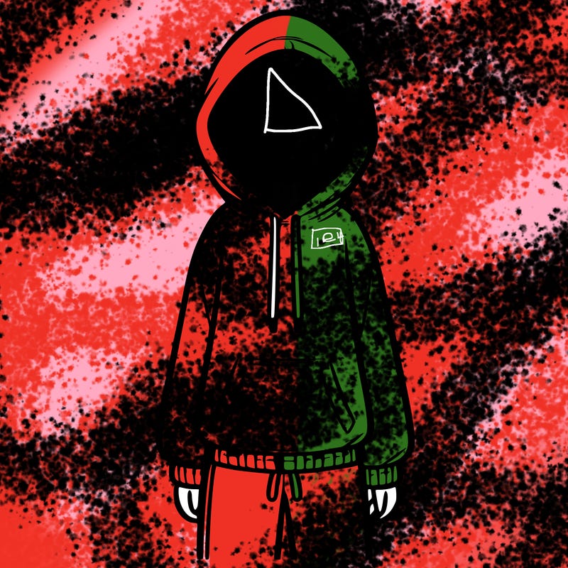 faceless girl in a tracksuit with a hood on and no hair