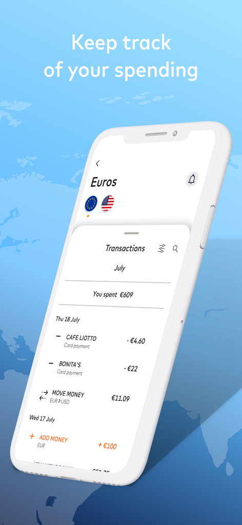Cash Passport mobile app showing a detailed transaction history and spending tracker for Euros