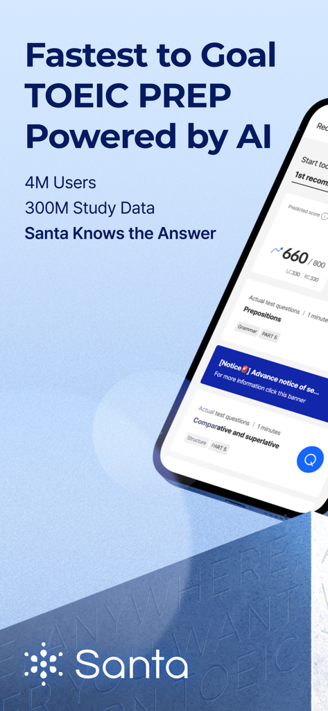 Santa - AI TOEIC - Tela de introdução do aplicativo de preparação Santa IA TOEIC mostrando pontuações previstas nos testes e métricas de dados de estudo