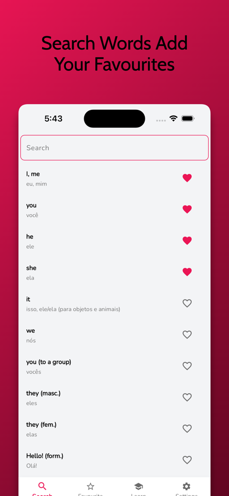 Portuguese Learning Beginners - Interfaz de una aplicación móvil que muestra una lista de vocabulario en portugués con una barra de búsqueda e iconos de corazón para favoritos.
