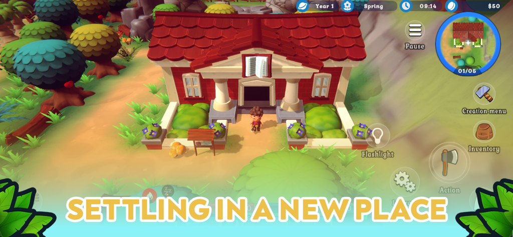 Spirit of the Island - Personaje de pie frente a un edificio de tejado rojo en un entorno tropical