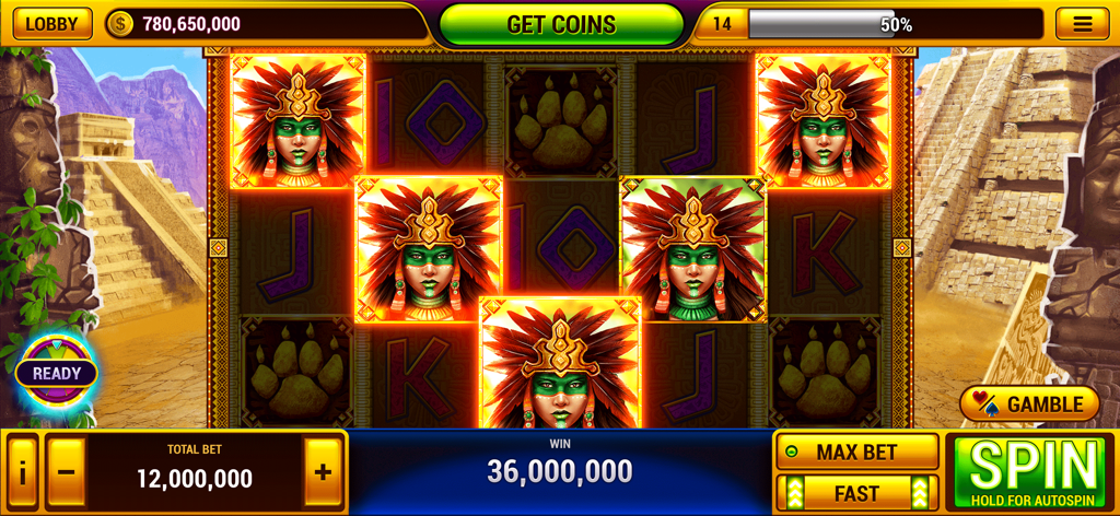 Vegas Slots Casino ™ Slot Game - Juego de Vegas Slots Casino mostrando una máquina tragaperras temática azteca con una ganancia de 36 millones de monedas