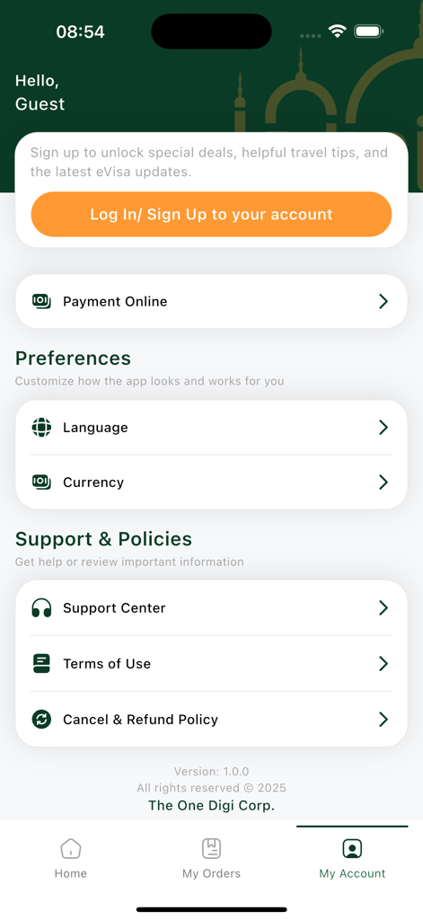 India Immi - India Immiアプリのアカウント設定画面。ログインオプション、言語と通貨のユーザー設定、サポートポリシーへのリンクが表示されています。