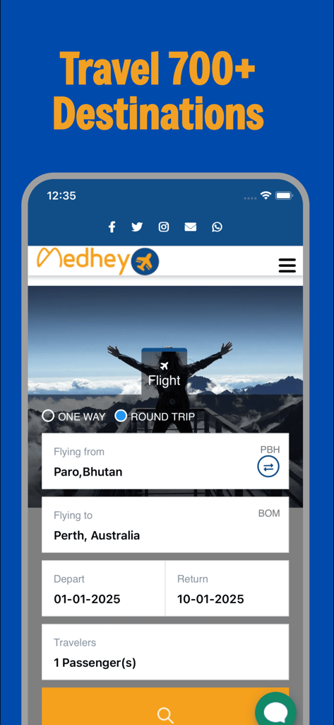 Medhey - Medhey app flight booking screen showing a search from Paro Bhutan to Perth Australia with travel options for 700 plus destinations