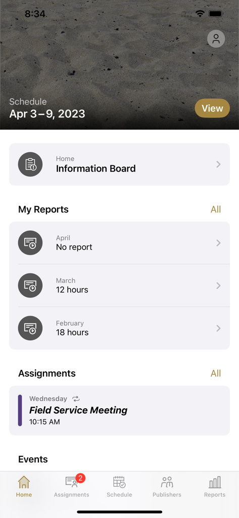 Hourglass Time - Hourglass Time app home screen displaying field service reports and congregation assignments