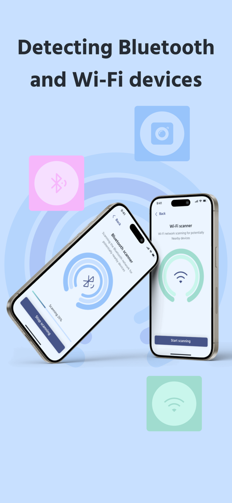 Detector Device Detection-Anti - Dos teléfonos inteligentes mostrando las interfaces de escaneo Bluetooth y Wi-Fi de la aplicación Detector Device Detection