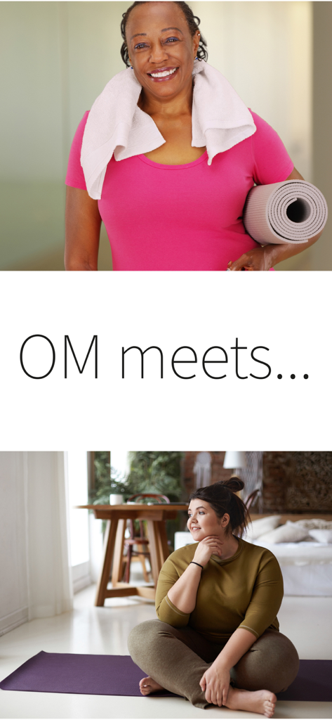 OM Yoga Magazine - A digital magazine interface featuring diverse women practicing yoga and the text OM meets