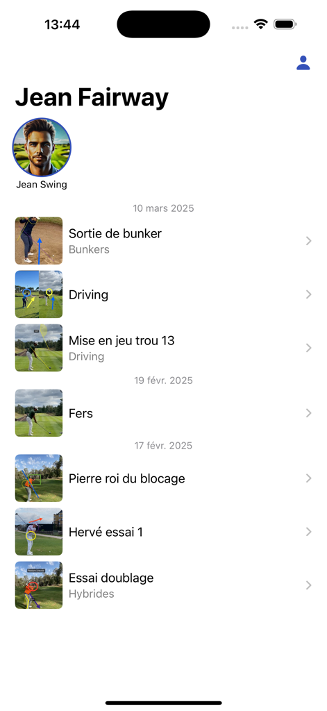 List of analyzed golf swing videos showing professional feedback and annotations in the Swing 360 app.