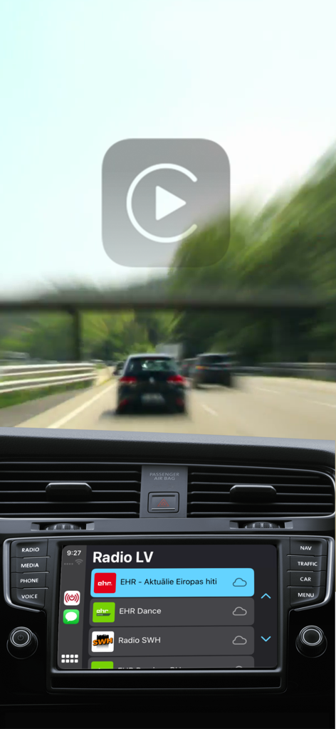 Interface do aplicativo Rádio LV em uma tela de painel Apple CarPlay mostrando estações de rádio da Letônia