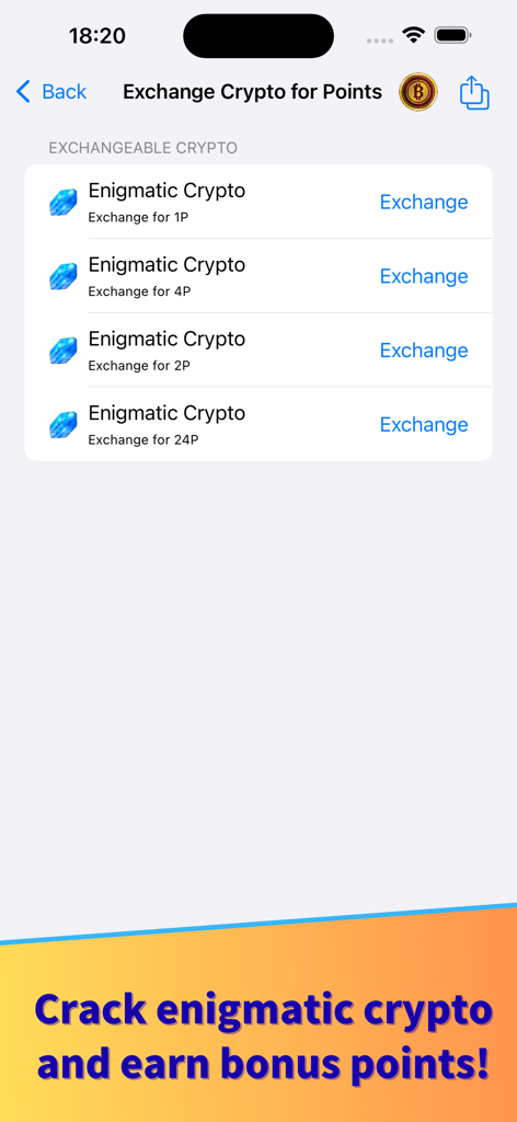 CryptoDiver - Mobile screen showing exchange options of enigmatic crypto for analysis points in CryptoDiver
