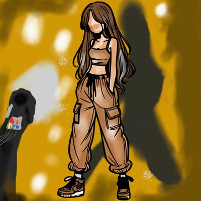 girl in baggy pants crop top and long hair