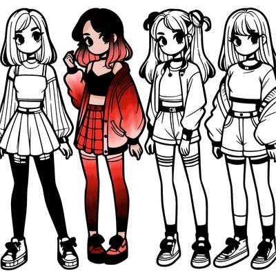 one girl with crop-top shirt and a jacket with a skirt, long socks and another girl with a shirt and pants with a jacket