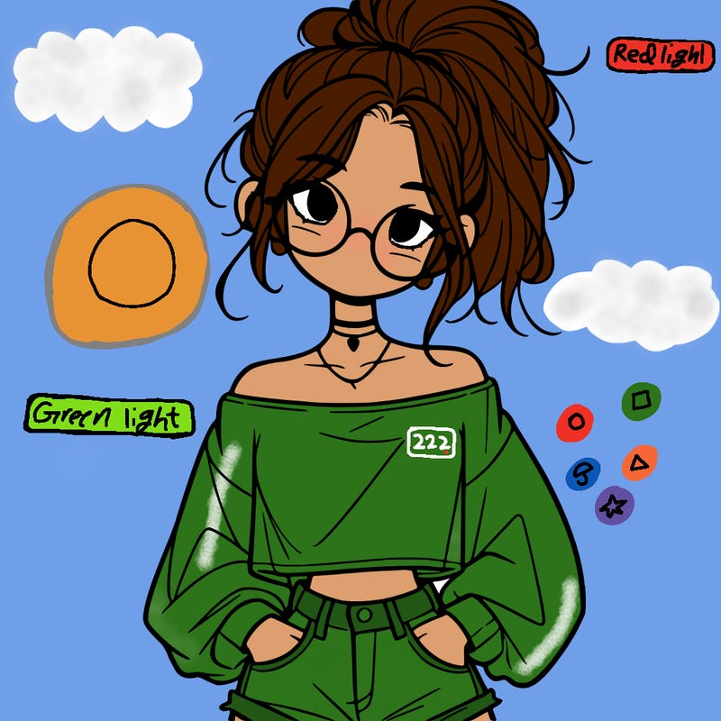 girl with a messy ponytail glasses a baggy crop top and jean shorts